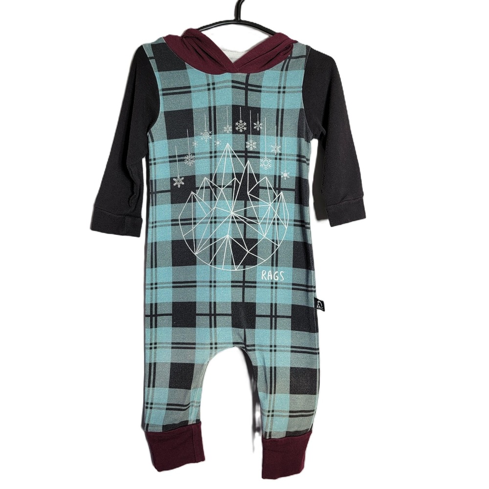 Rags to‎ Raches Kids Hooded Romper 6-12M Teal Black Plaid Geometric Mountain Rag